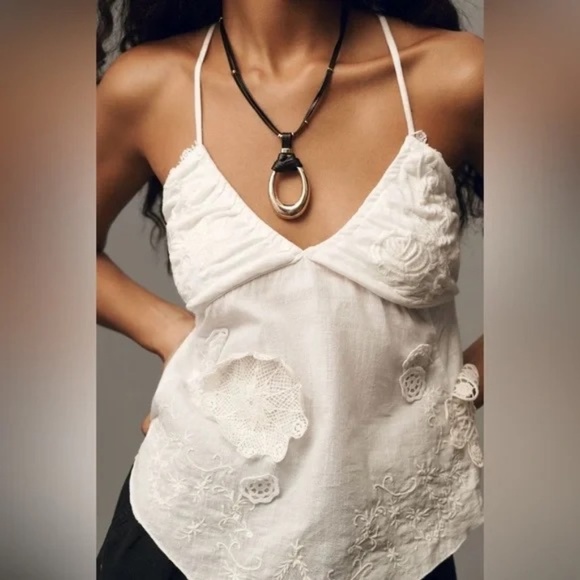 NWT Anthropologie Sheer Embroidered Cami Top White Large - Picture 2 of 5